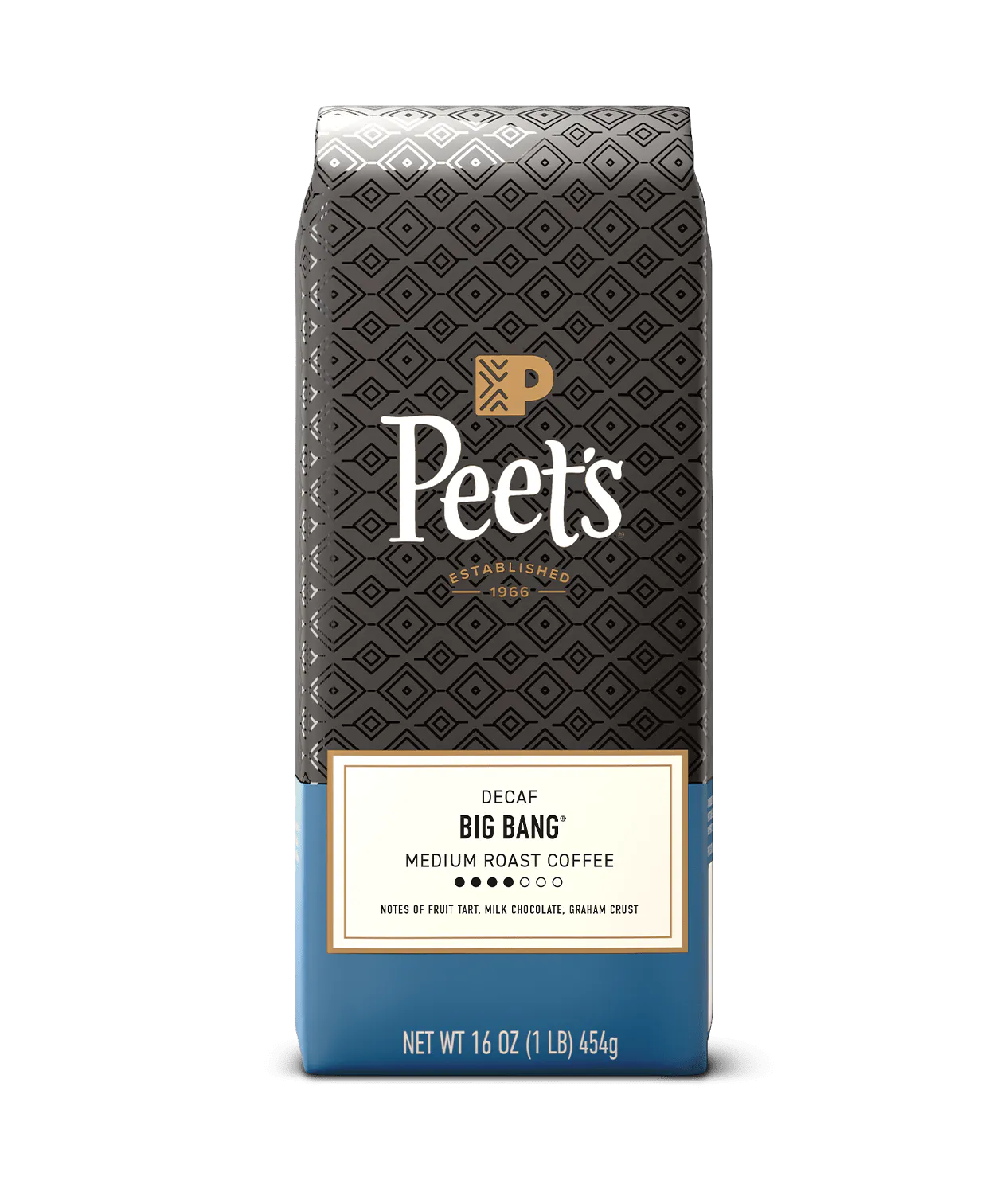 Peet's coffee bag with geometric pattern on a green background